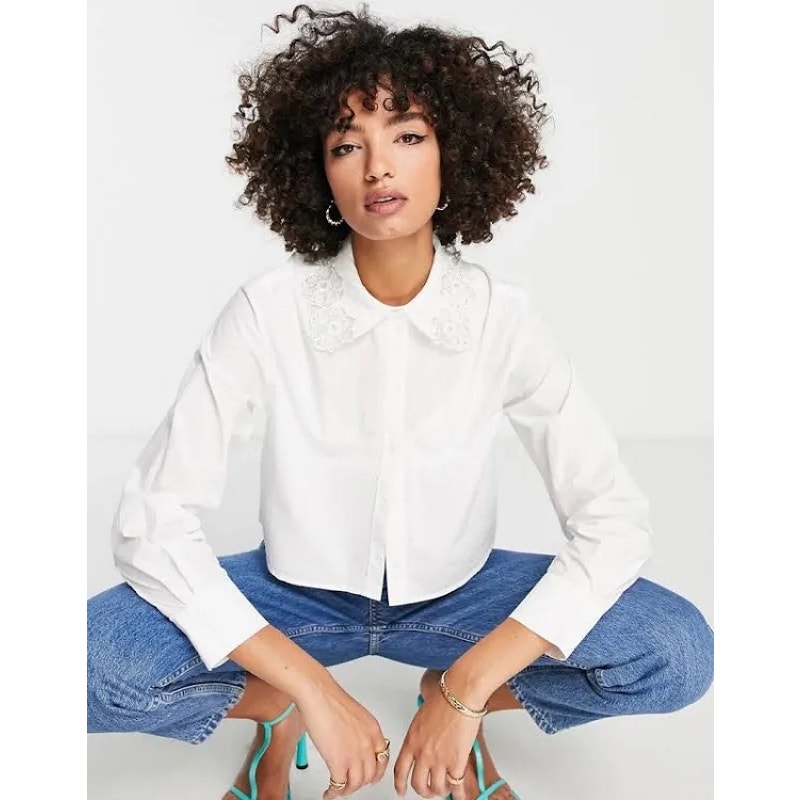 Other Stories Cropped Shirt With Embroidered And Beaded Collar Us 6 Nwt (B39.5)